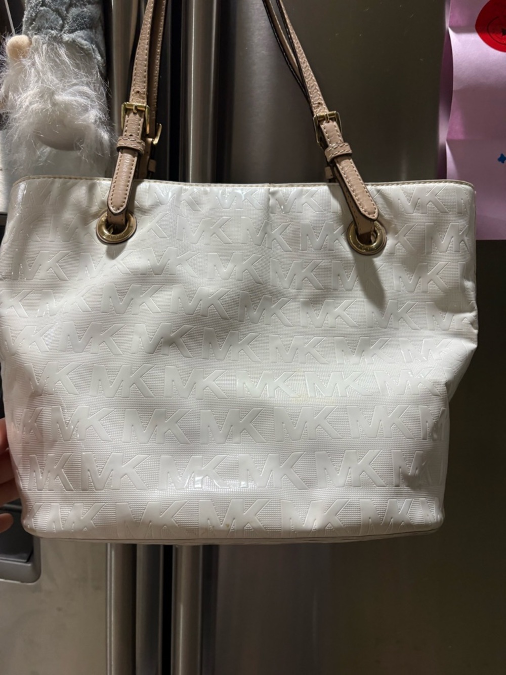 Michael Kors White Logo-Embossed Tote with Beige Straps